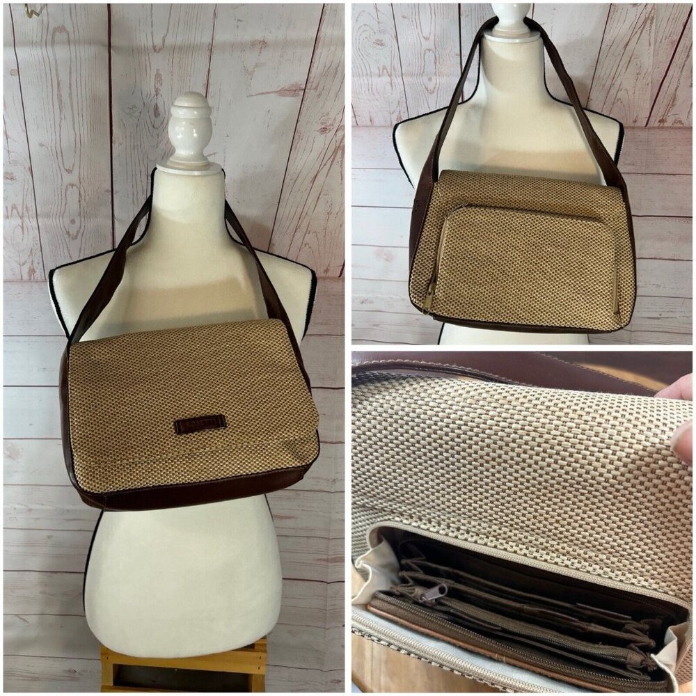 Rossetti woven Faux Leather & straw handbag purse 10x8”Brown Tan Built In wallet